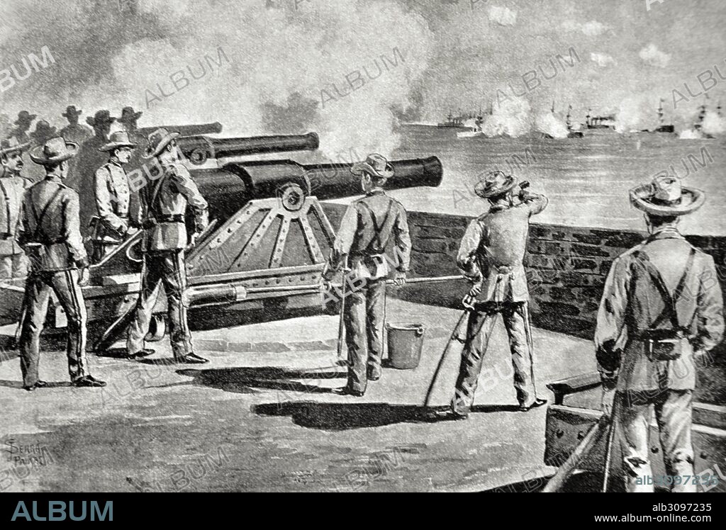 Spanish-American War, between Spain and the USA in 1898, due to the US intervention in the Cuban War of Independence. Cuba.The defence of Matanzas against the US troops' military attack. Engraving. " La Ilustracio_n Iberi_ca", 1898.".