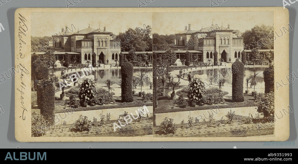 Exterior of the Wilhelma in Stuttgart, Ludwig Schaller (mentioned on object), Hermann Brandseph (mentioned on object), Stuttgart, c. 1860 - c. 1880, cardboard, albumen print, height 85 mm × width 170 mm.