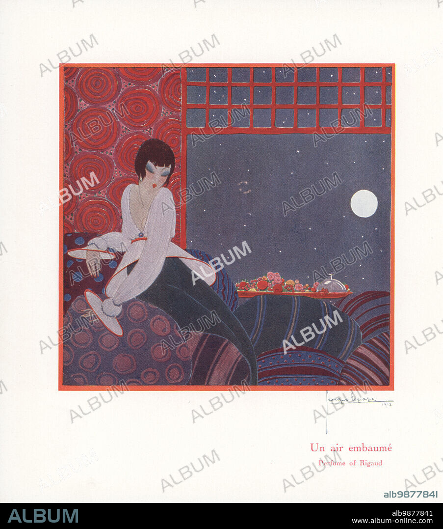 Promotional art for Un Air Embaume, Perfume of Rigaud, 1913. A floral-spicy perfume by Henri Rigaud launched in 1912 and later discontinued. A woman in low-cut blouse with flared cuffs and waist sits on cushions at a window looking at the moon. Colour-printed illustration by Georges Lepape from Andre de Fouquieres The Perfumes of Rigaud, Letters of a Parisian and and American Girl, L'art des parfums, Lettres d'un Parisien et d'une Américaine, Maison Rigaud, Parfumeur, Paris, 1915.