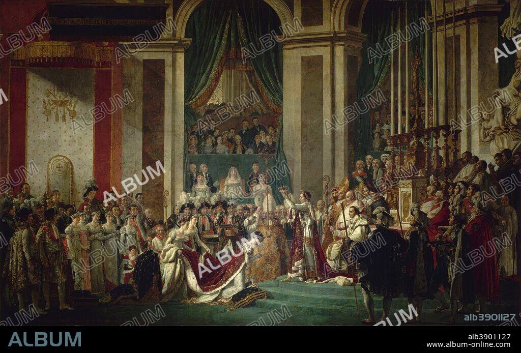 JACQUES LOUIS DAVID. Sacre de l'empereur Napoléon Ier et couronnement de l'impératrice Joséphine dans la cathédrale Notre-Dame de Paris, le 2 décembre 1804 / Coronation of Emperor Napoleon I and Coronation of the Empress Josephine in Notre-Dame de Paris, December 2, 1804. Date/Period: Between 1808 and 1822. Painting. Oil on canvas. Height: 610 cm (20 ft); Width: 931 cm (10.1 yd).