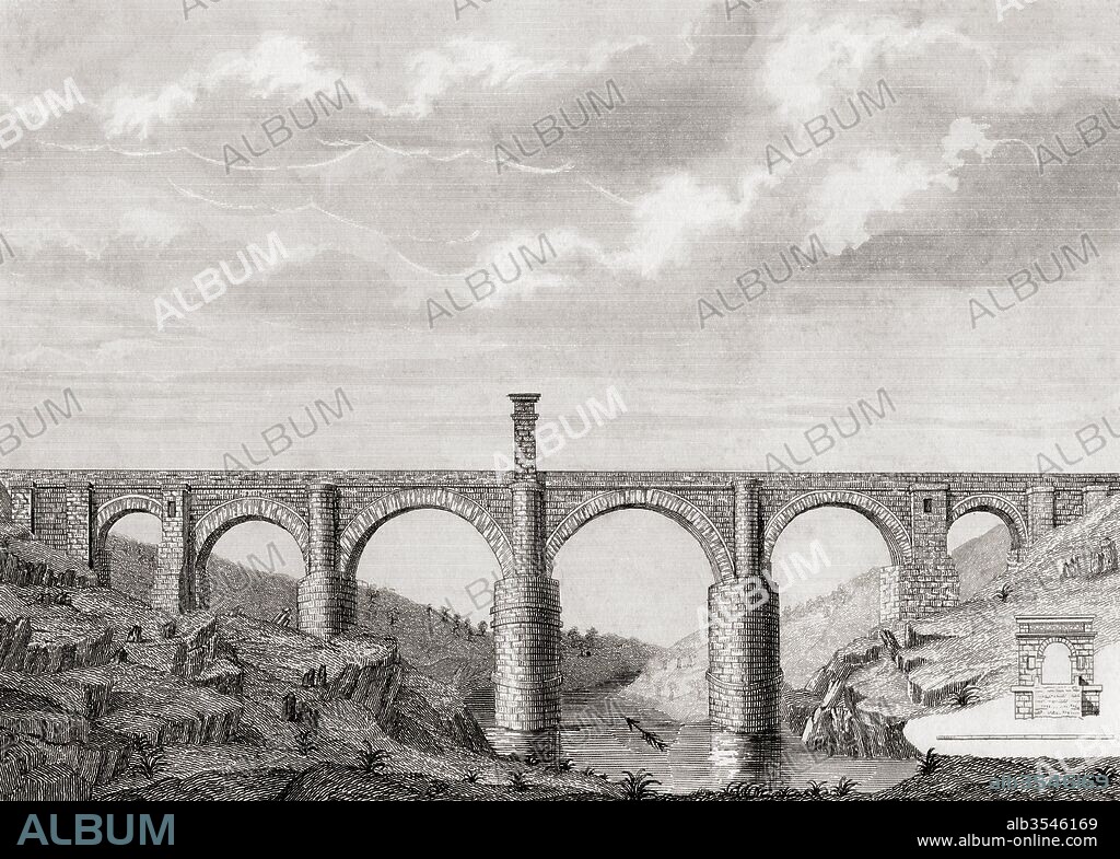 The Alcántara Bridge, aka Trajan's Bridge at Alcantara, Spain. Second century Roman stone arch bridge built over the Tagus River at Alcántara, Spain. After a 19th century print.
