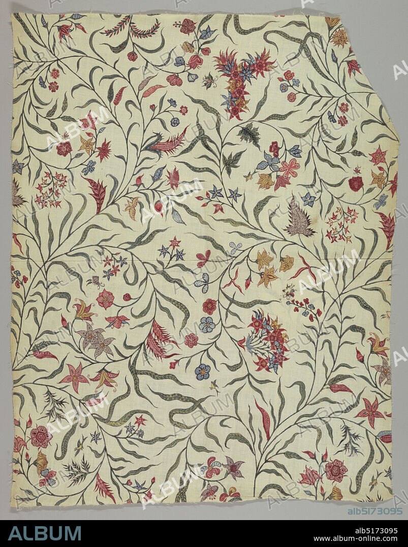 Chintz, Medium: cotton Technique: mordants (black, 2 reds, brown & purple) and dye applied by brush; blue painted over a resist; chintz on plain weave, Elaborate curving vine from which flowers spring. Small birds and insects., India, 18th century, printed, dyed & painted textiles, Chintz.