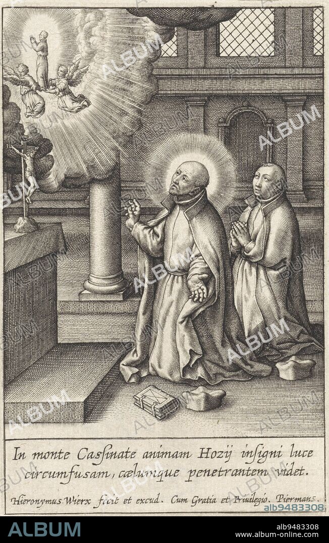 Ignatius of Loyola and another Jesuit are kneeling before an altar in a church. In front of them a vision of the soul of the Jesuit Diego Hoces being taken to heaven by angels. In the margin a two-line caption in Latin., Ignatius of Loyola has a vision of the ascension to heaven of Diego Hoces Life of Ignatius of Loyola (series title) Vita B.P. Ignatii de Loyola Fvndatoris Societatis Iesv (series title), print maker: Hieronymus Wierix, (mentioned on object), Hieronymus Wierix, publisher: Hieronymus Wierix, (mentioned on object), Antwerp, 1611 - 1615, paper, engraving, h 105 mm × w 67 mm.