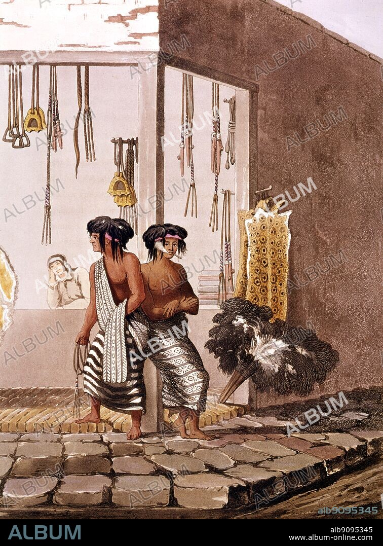 Pampa Indians at a store in the Indian Market of Buenos Aires . From Picturesque Illustrations of Buenos Aires and Montevideo by E. E. Vidal 1820 .. Photo : John Freeman.