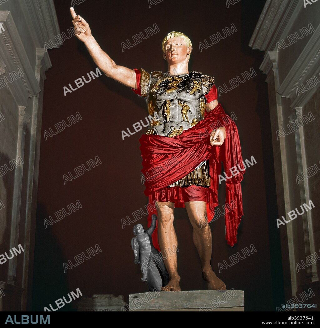 Statue of the Roman Emperor Augustus from Prima Porta, Rome, 1st century BC. (Colorised artwork based on an original sculpture).