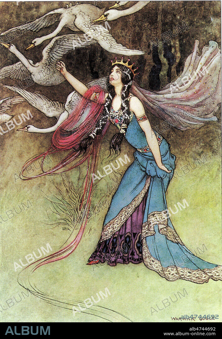 Les six freres cygnes du conte des freres GRIMM. Illustration par Warwick GOBLE (1862-1943) pour des contes populaires en 1913. Credit : Jean Vigne/KHARBINE-TAPABOR.
