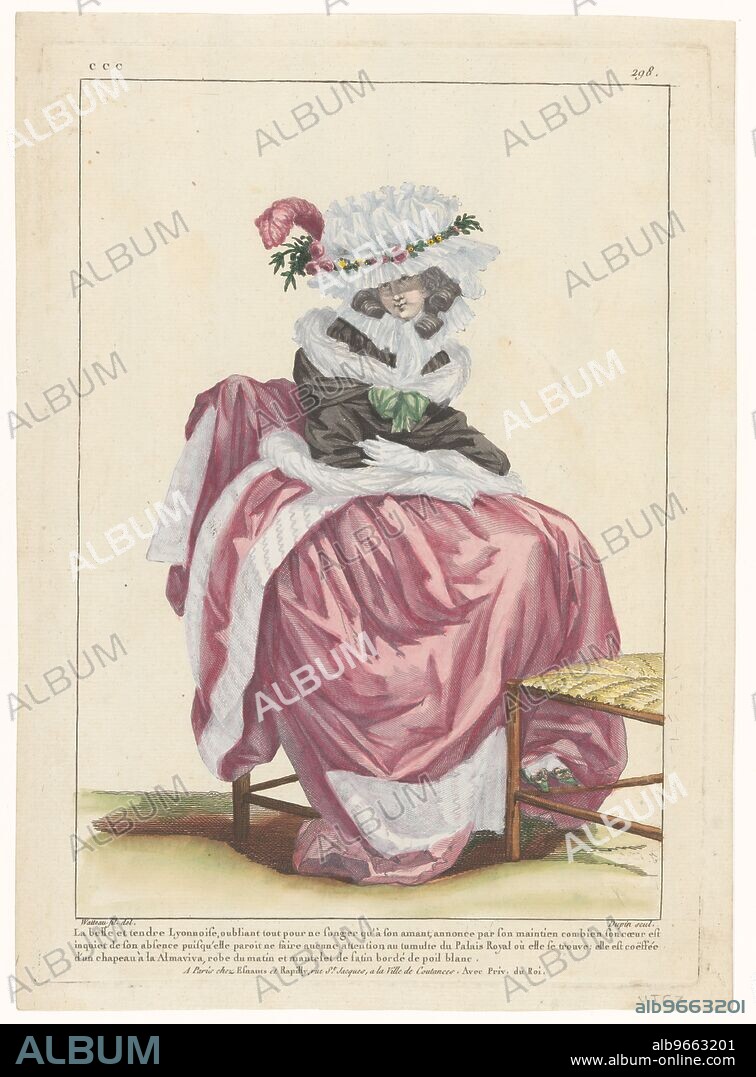 DUPIN. Gallery of French Fashions and Costumes, 1785, ccc.298:, 1782. 'La belle et tendre Lyonnaise, oubliant tout pour ne songer qu'à son amant, annonce par son maintien combien son coeur est inquiet de son absence puisqu'elle paroit ne faire aucune attention au tumulte du Palais Royale où elle se trouve: elle est coëffée d'un chapeau à la Almaviva, robe du matin et mantelet de satin bordé de poil blanc'. (The beautiful and tender Lyonnaise, forgetting everying and dreaming only of her lover, indicates by her comportment how her heart is disturbed by his absence, she pays no attention to the noise in the Palais Royale around her; she wears a pleated hat, morning dress and mantlet of satin, trimmed with white fur). Print from the CCC series. 47th Cahier des Costumes Français, 42nd Suite d'Habillemens à la Mode and 1785, Gallerie des Modes et Costumes Français.