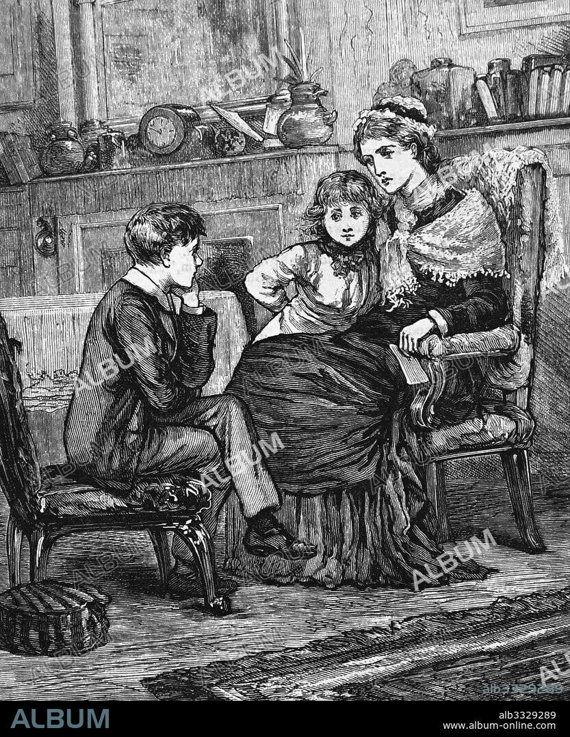 Illustration depicting an aunt sitting with her niece and nephew. Dated 19th Century.