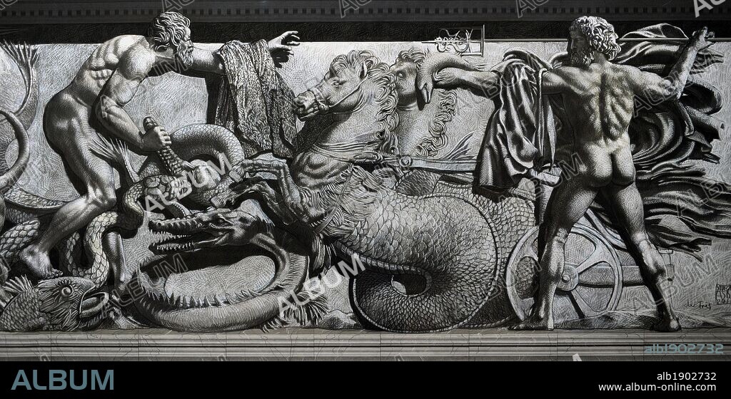 Pergamon Altar. Yadegar Asisi (born 1955). Artistic attempt to restore the North Frieze using the part of the frieze not shown in the panorama in order to complete the figures and scenes. Gigantomachy. The sea god Poseidon emerging from the sea with his carriage drawn by the seahorses, fighting with a giant. Pergamon Museum. Berlin. Germany.