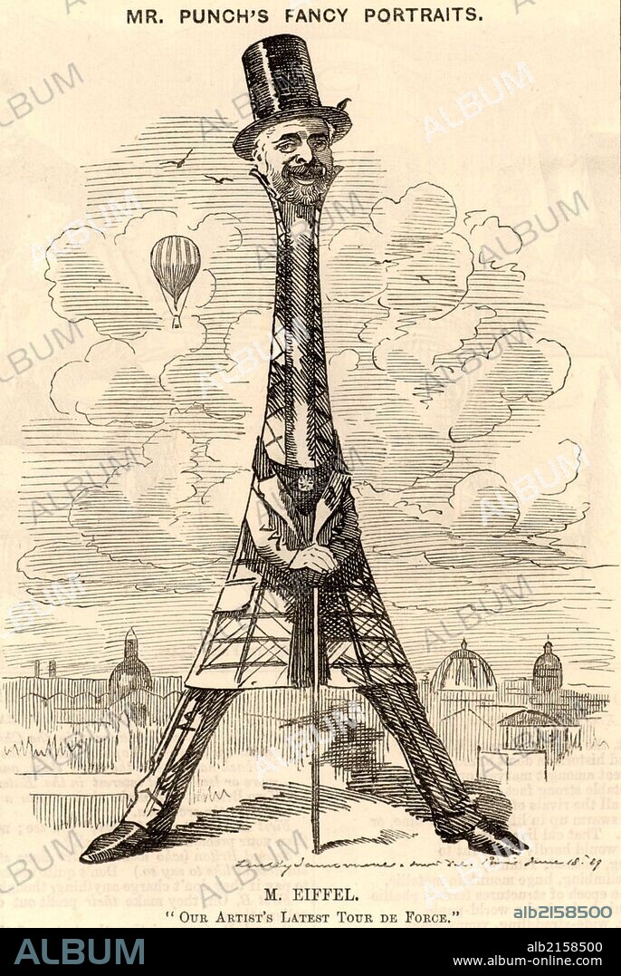 (Alexandre) Gustave Eiffel (1832-1923) French civil engineer.  Cartoon by Edward Linley Sambourne in the Punch's Fancy Portraits series from "Punch" (London, 29 June 1889) celebrating the building of the Eiffel Tower and the opening of the Exposition Universelle in Paris, France, on 6 May 1889. (Photo by: Universal History Archive/UIG via Getty Images).