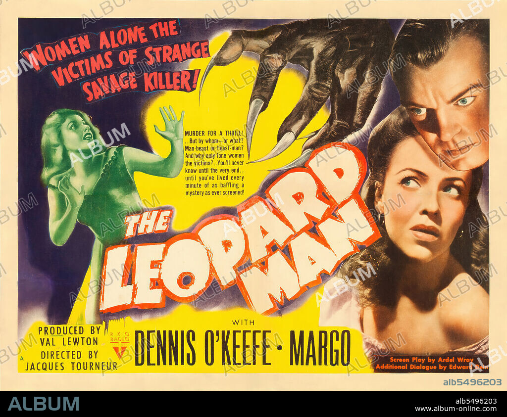 Poster de EL HOMBRE LEOPARDO, 1943 (THE LEOPARD MAN), dirigida por JACQUES TOURNEUR. Copyright RKO.