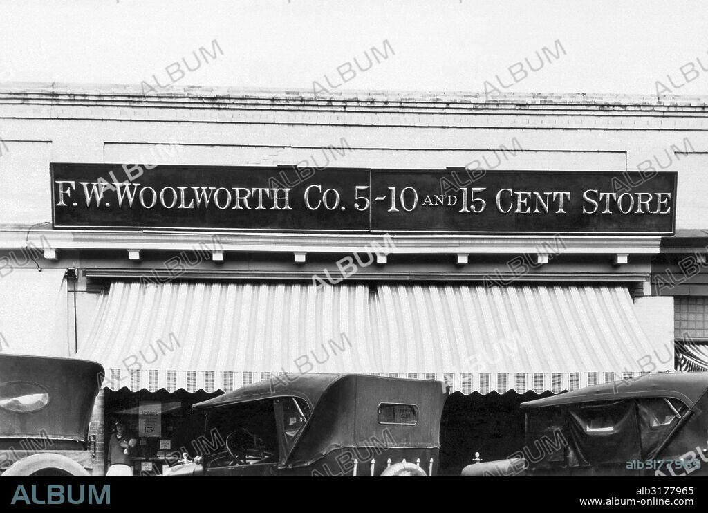 Turlock, California:  December, 1926 The sign and facade of the F.W. Woolworth Company 5-10 and 15 cent store.   © Underwood Archives / The Image Works.