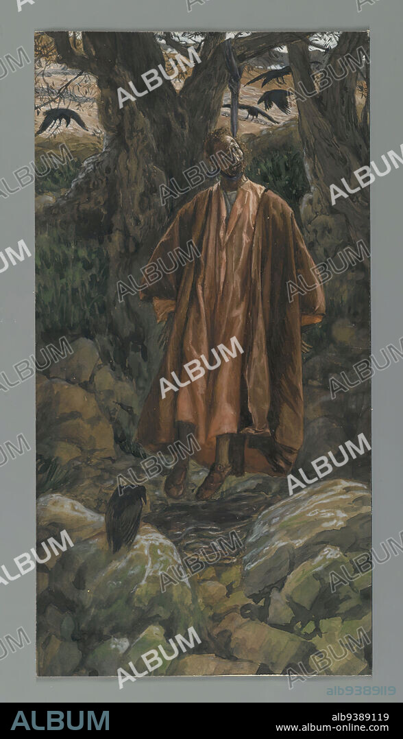 Judas Hangs Himself, Judas se pend, The Life of Our Lord Jesus Christ, La Vie de Notre-Seigneur Jésus-Christ, James Tissot, French, 1836-1902, Opaque watercolor over graphite on gray wove paper, France, 1886-1894, Image: 11 7/8 x 6 1/8 in., 30.2 x 15.6 cm, apostle, betrayal, bible, Christianity, cloak, crows, crucifixation, death, disciple, Easter, floating, french, french watercolor, garments, Gospel Harmony, graphite, guilt, hanging, James Tissot, Jerusalem, jesus, judas, Judas Hangs Himself, Life of Christ, Matthew 27:5, new testament, pendu, ravens, regret, religion, religious, religious art, rocks, rope, suicide, tissot, traitor, tree, watercolor, wove paper.