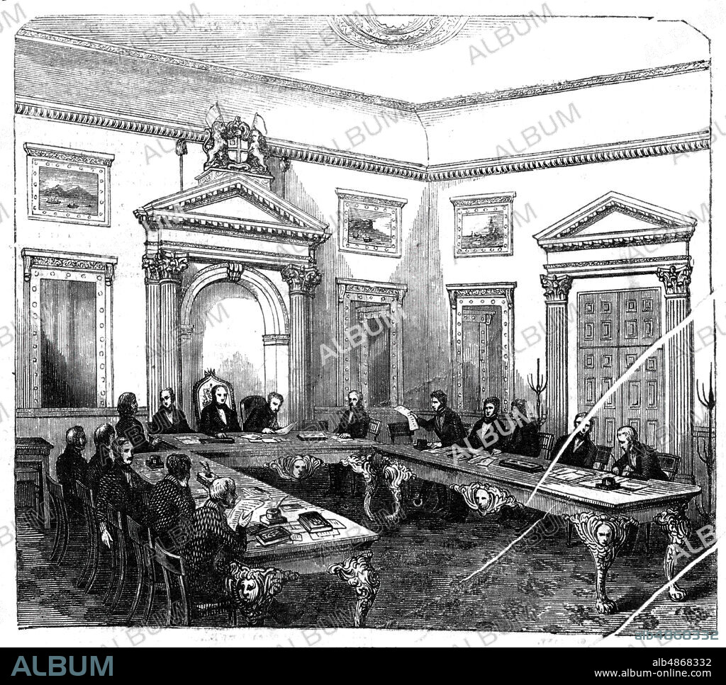 The Court of Directors, East India House, 1844. 'The unusual assertion by the Court of Directors of the East India Company of their right to remove a Governor-General, without the assent of the Ministry, has invested that body with a degree of public interest which does not ordinarily attach to their proceedings'. From "Illustrated London News", 1844, Vol I.