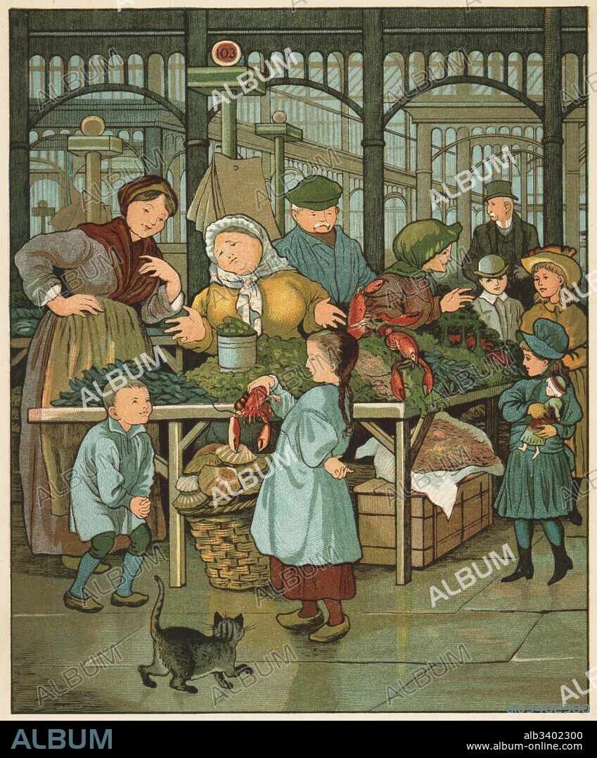 Victorian children at the shellfish stall in the fish market, Paris, France. Colour woodblock after an illustration by Thomas Crane and Ellen Houghton from Abroad, Marcus Ward, London, 1882.