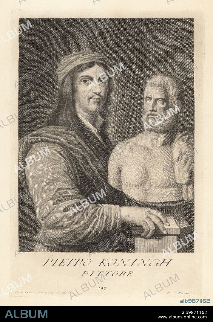 Philip de Koninck or Philips Koninck, Dutch landscape painter, 1619-1688. Younger brother of Jacob Koninck. Standing next to a classical bust of a bearded man in lionskin (Hercules). Mislabeled Pietro Koningh, Pittore. Copperplate engraving by Pietro Antonio Pazzi after Giovanni Domenico Campiglia after a self portrait by the artist from Francesco Moucke's Museo Florentino (Museum Florentinum), Serie di Ritratti de Pittori (Series of Portraits of Painters) stamperia Mouckiana, Florence, 1752-62.