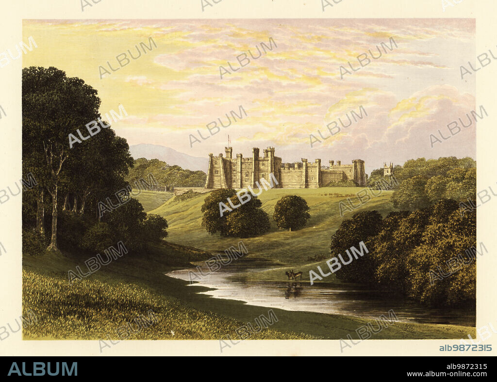 Brancepeth Castle, County Durham, England. Medieval castle dating to the 14th century remodelled by architect John Patterson for banker and mine owner William Russell and later by Anthony Salvin. Colour woodblock by Benjamin Fawcett in the Baxter process of an illustration by Alexander Francis Lydon from Reverend Francis Orpen Morriss Picturesque Views of the Seats of Noblemen and Gentlemen of Great Britain and Ireland, William Mackenzie, London, 1880.