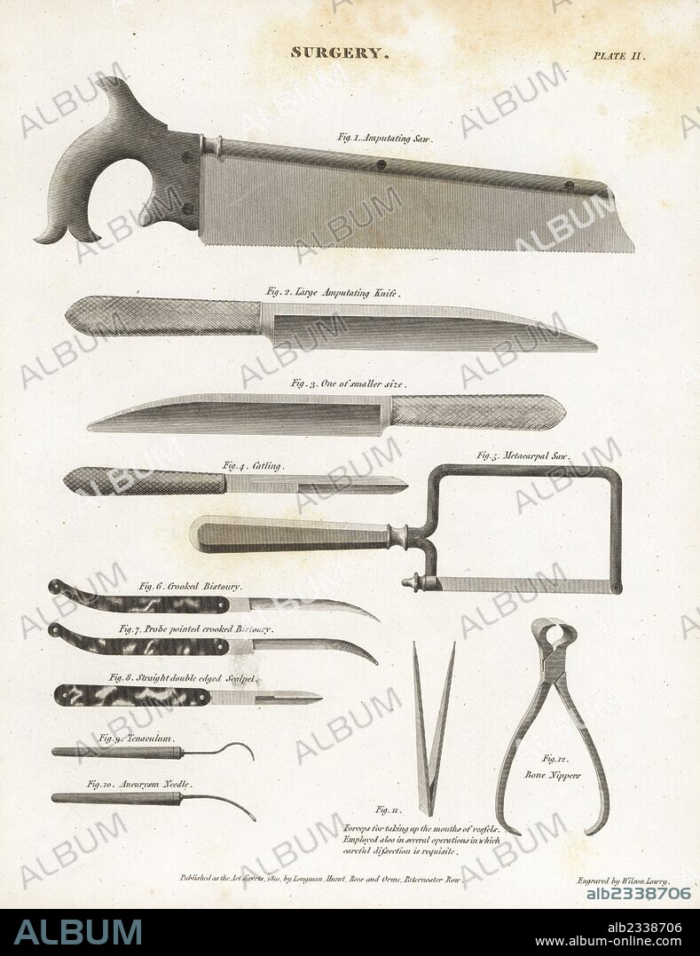Surgical equipment including amputating and metacarpal saws, knives, catling, bistoury, scalpel, needle, tenaculum, bone nippers and forceps from the 19th century. Copperplate engraving by Wilson Lowry from Abraham Rees' "Cyclopedia or Universal Dictionary," London, 1803.