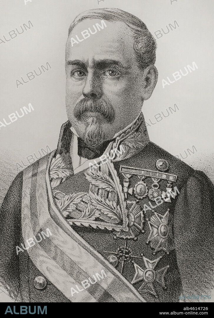ISIDORO SALCEDO. SPANISH PAINTER, LITHOGRAPHER AND CARTOONIST,19TH CENTURY.. José Mac-Crohom y Blake (1803-1860). Spanish military officer and politician. Lieutenant general. Director general of the Civil Guard (Guardia Civil) (1 September to 12 October 1856). Minister of the Navy (27 November 1858 to 9 July 1860). He was appointed governor and Captain General of the Philippines in July 1860, but died during the travel on his way to his post. Portrait. Drawing by Salcedo. Lithography. Detail. Crónica General de España, Historia Ilustrada y Descriptiva de sus Provincias (General Chronicle of Spain, Illustrated and Descriptive History of its Provinces), Philippines, 1871.