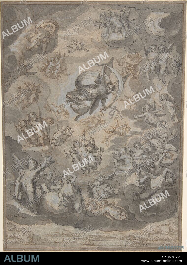Flying Putti, Surrounding Archangel Raphael. Artist: Conrad Meyer (Swiss, Zürich 1618-1689 Zürich). Dimensions: sheet: 8 5/8 x 6 7/16 in. (21.9 x 16.3 cm). Former Attribution: Formerly attributed to Rudolf Meyer (Swiss, Zurich 1605-1638 Zurich). Date: 1631-32.