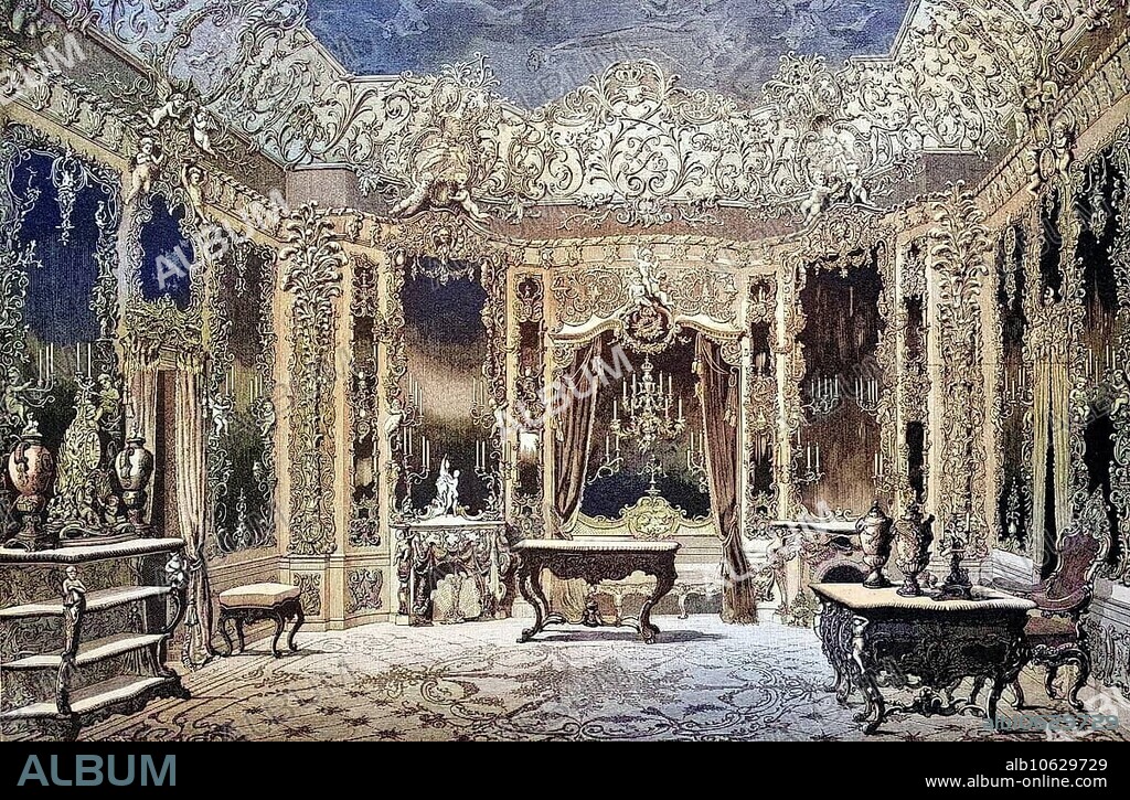 Hall of Mirrors in Linderhof Palace, Ettal, Bavaria, Germany, Historical, digitally restored reproduction from a 19th century original, coloured, Hall of Mirrors in Linderhof Palace, Bavaria, Historical, digitally restored reproduction from a 19th century original, coloured