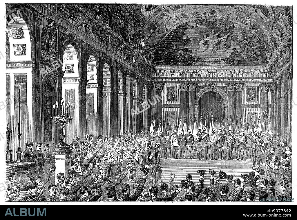 Wilhelm I (1797-1888) King of Prussia from 1861 being proclaimed Emperor of Germany, 1871. After the defeat of France in the Franco-Prussian War of 1870-1871, as a gesture of further humiliation of the French, on 18 January 1871 Wilhlem I was crowned as the first Emperor of Germany in the Hall of Mirrors, Versailles, the palace built by Louis XIV of France. From 'The Graphic'. (London, 1871). Wood engraving.
