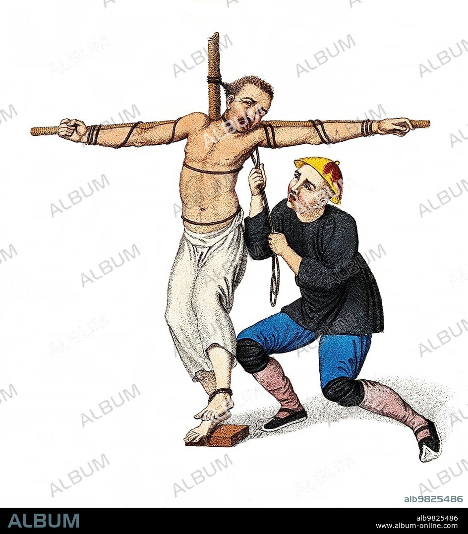 Torture; Punishment; Punishment; A Chinese man is tied to a cross with a rope; c. 1810; China; Historical; digitally restored reproduction from a 19th century original; Asia.