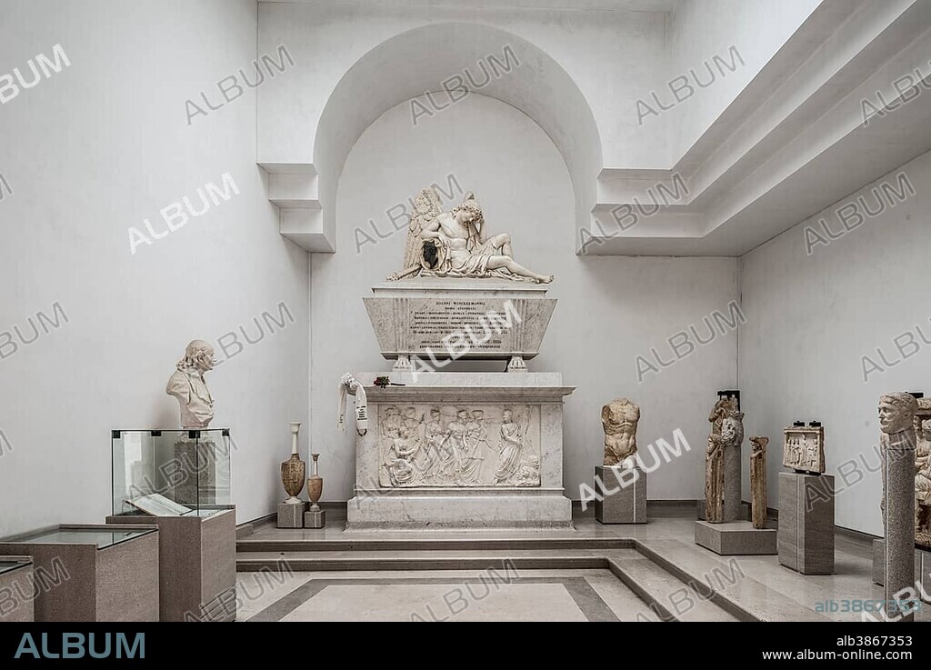 Cenotaph for Johann Joachim Winckelmann, by Antonio Bosa, 1832 Temple in the Lapidario Tergestino, Museum of Roman grave stones, castle hill San Giusto, Trieste, Friuli-Venezia Giulia, Italy