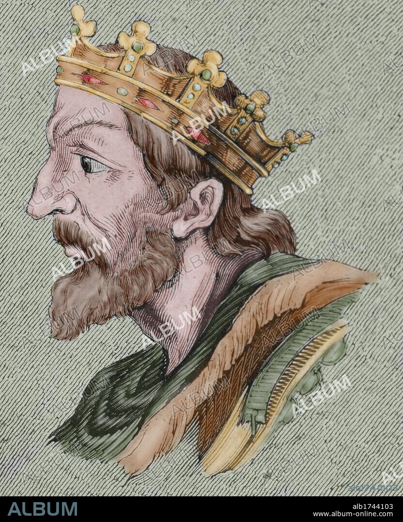 Wamba (died 687). Visigothic king of Hispania, Septimania and Galicia from 672 to 680. Colored engraving.