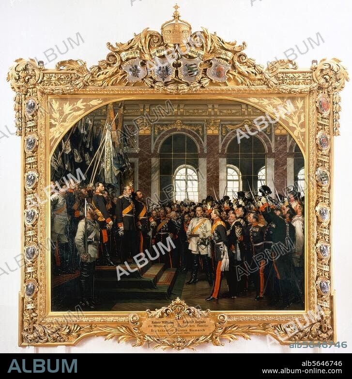 18. Januar 1871: König Wilhelm I. von Preußen wird im Spiegelsaal des Schlosses von Versailles zum Deutschen Kaiser ausgerufen. "Die Proklamierung des Deutschen Kaiserreiches". Gemälde, 1885, von Anton von Werner. (1843-1915). Öl auf Leinwand, 167 × 202. cm. Mit Prunkrahmen. (3., sogenannte Friedrichsruher Fassung). Friedrichsruh, Bismarck-Museum.