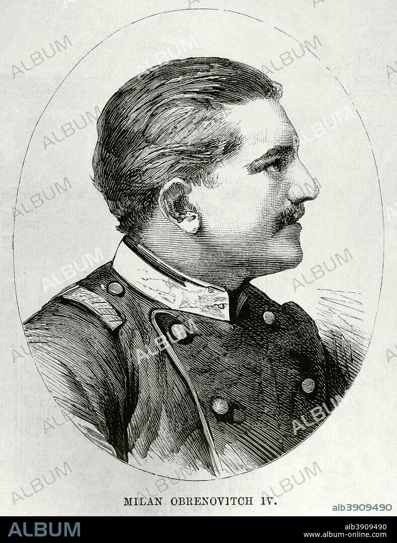 Milano I (1854-1901). Principe de Serbia (Milan IV) de 1868 a1882 y rey de Serbia (Milan I) de 1882 a 1889. Retrato. Grabado. La Ilustración Española y Americana, 15 de Julio de 1876. Biblioteca Histórico Militar de Barcelona. Cataluña. España.