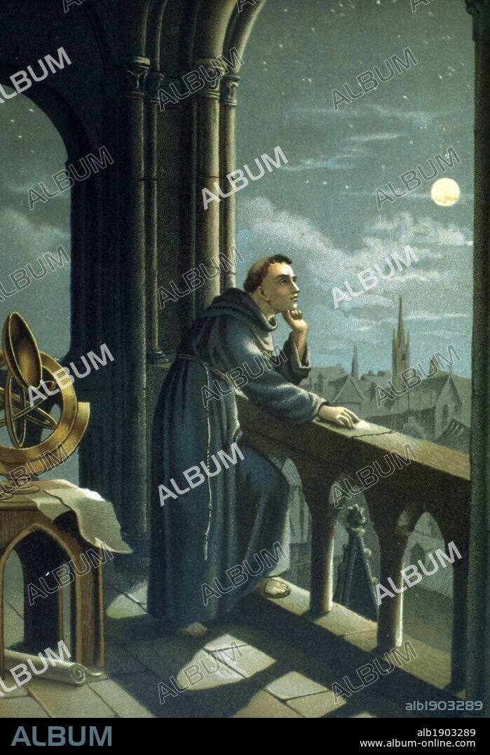 Roger Bacon (1214-1294). Filósofo y erudito inglés, en su observatorio del convento de Oxford.