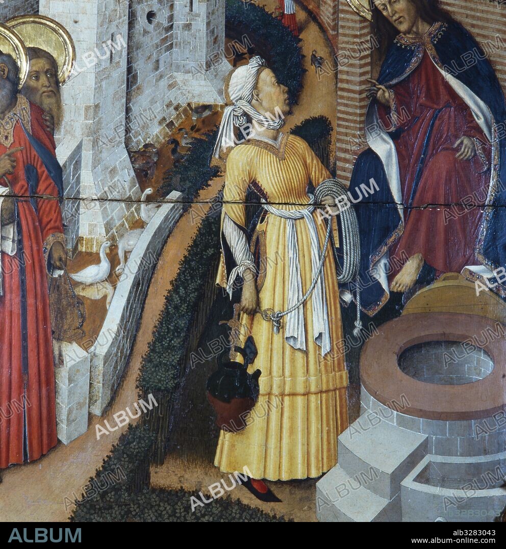 BERNAT MARTORELL. Retablo de la Transfiguración, 1445-1452. Detalle de Jesús y la samaritana. Pintura al temple sobre tabla. Catedral de Barcelona.