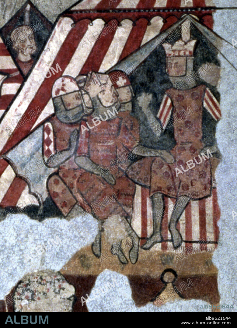 Jaime I 'The Conqueror' (1208-1276), King of Aragon since 1213, detail of the fresco, the King with three heads of his troops during the siege of Palma de Mallorca.