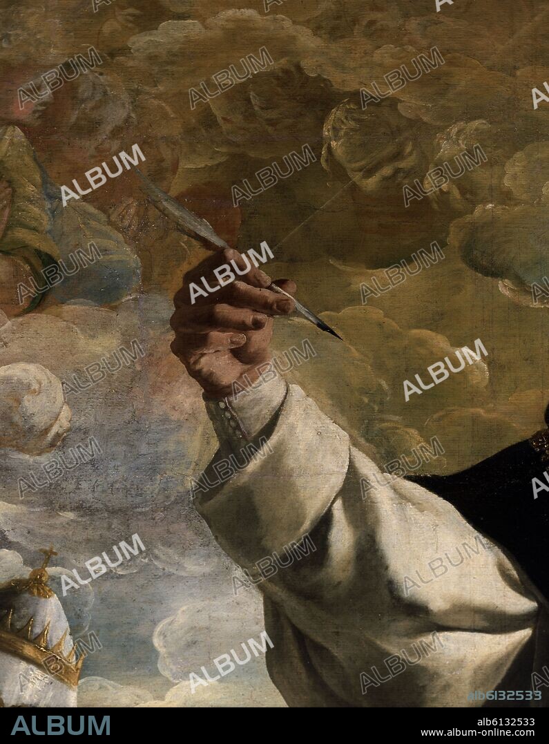 FRANCISCO DE ZURBARAN. APOTEOSIS DE SANTO TOMAS DE AQUINO - DETALLE DE LA MANO DEL SANTO CON UNA PLUMA - SIGLO XVII - BARROCO ESPAÑOL - (CONJ 11729).