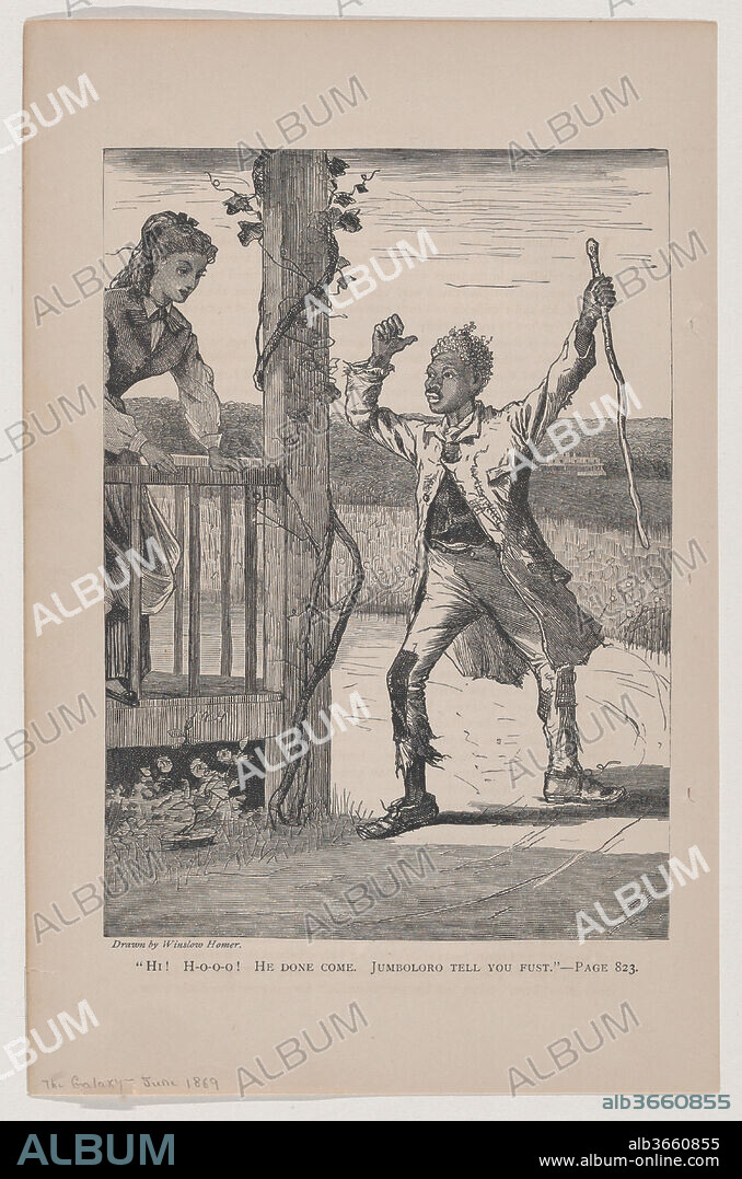 "Hi! Ho-o-o! He Done Come. Jumbolor Tell you Fust" - Drawn by Winslow Homer (The Galaxy, Vol. VII). Artist: Winslow Homer (American, Boston, Massachusetts 1836-1910 Prouts Neck, Maine). Dimensions: image: 6 7/8 x 4 7/8 in. (17.5 x 12.4 cm)
sheet: 9 5/16 x 6 in. (23.7 x 15.3 cm). Date: June 1869.
An illustration to "The Duchesne Estate" by John William De Forest (1826-1906).