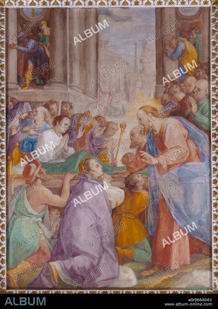 Fabriano (Italy; Marche, province of Ancona), Oratorio della Carità, cycle of frescoes by Filippo Bellini (depiction of Works of Spiritual Charity and Material Charity). CONSULARE TRISTES Console the afflicted, left side.