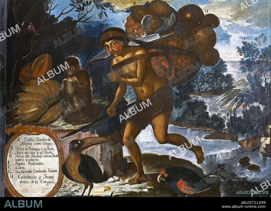 VICENTE ALBAN (1725-?). INDIO CON FRUTOS - 1783 - PINTURA COLONIAL - SIGLO XVIII - ESCUELA QUITEÑA.