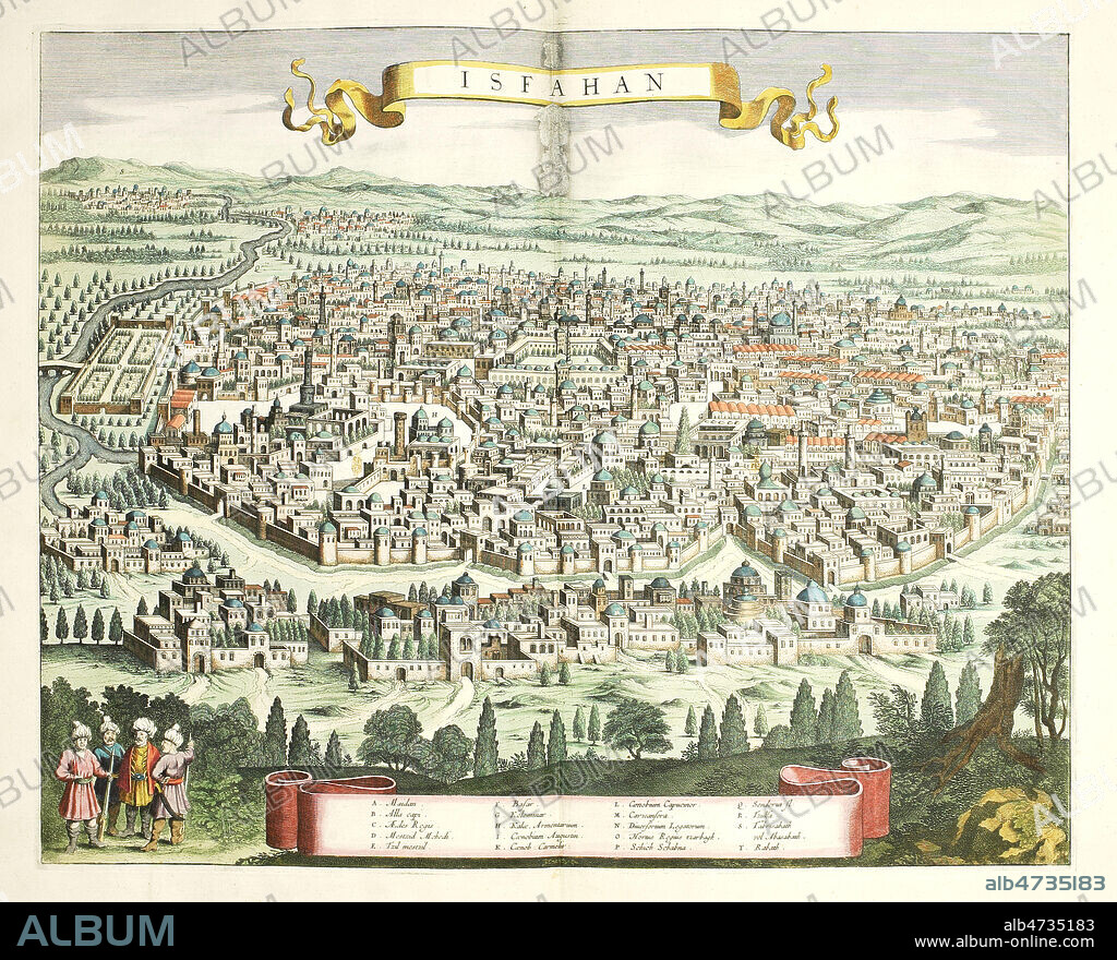 Vue de la ville de ISPAHAN ville d'IRAN ou de PERSE capitale de l'empire perse entre le 16eme et le 18eme siecle. Gravure tiree de l'ouvrage de Johannes JANSSON (1588-1664) 'Theatrum urbium celebriorum', publie en 1657 (17e, 17eme, XVIIe s.). Credit : Collection privee, MIGNY/KHARBINE TAPABOR.