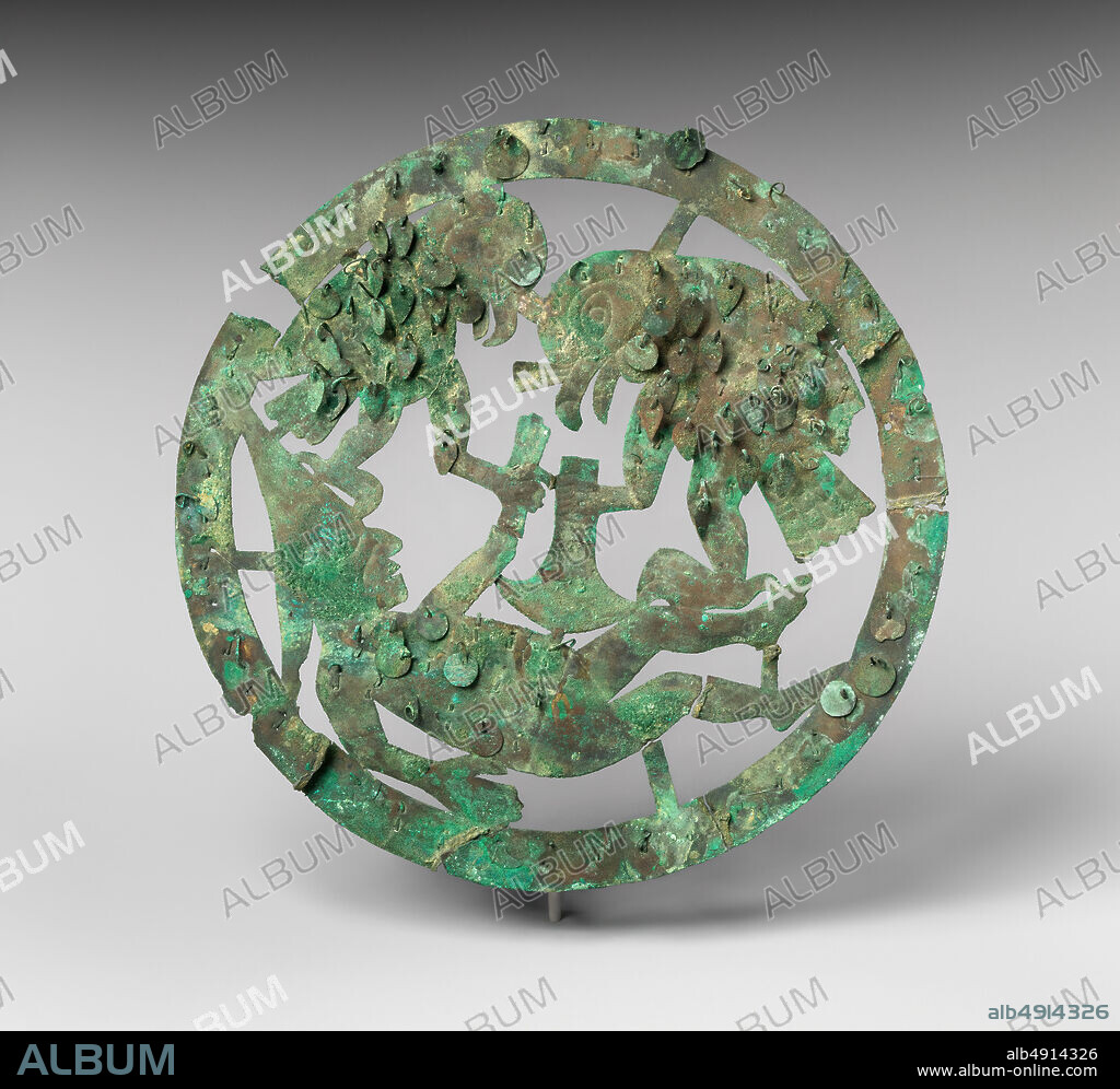 Disk, Moche (Loma Negra), 6th7th century, Peru, Moche (Loma Negra), Silvered copper, D. 7/8 × Diam. 12 3/16 in. (2.2 × 31 cm), Metal-Ornaments.