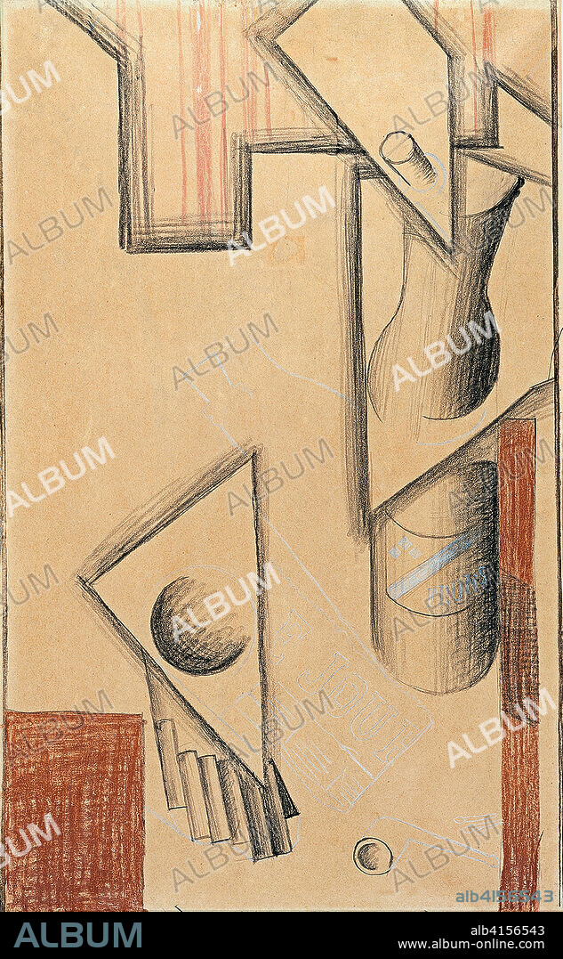 Juan Gris (Madrid, 1887-Boulogne-sur-Seine, 1927). Bodegón (1913). Grafito y lápices de colores sobre papel de seda. 72,5 x 44,5 cm.