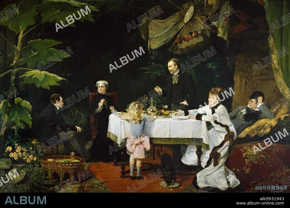 LOUISE ABBEMA. Abbéma, Louise. 1858-1927. "Le déjeuner dans la serre", 1877. (De g. à d., Émile de Majac, Madame et Monsieur Abbéma, la soeur de l'artiste et Sarah Bernhardt). Huile sur toile, 194 × 308 cm. Pau, Musée des Beaux-Arts.