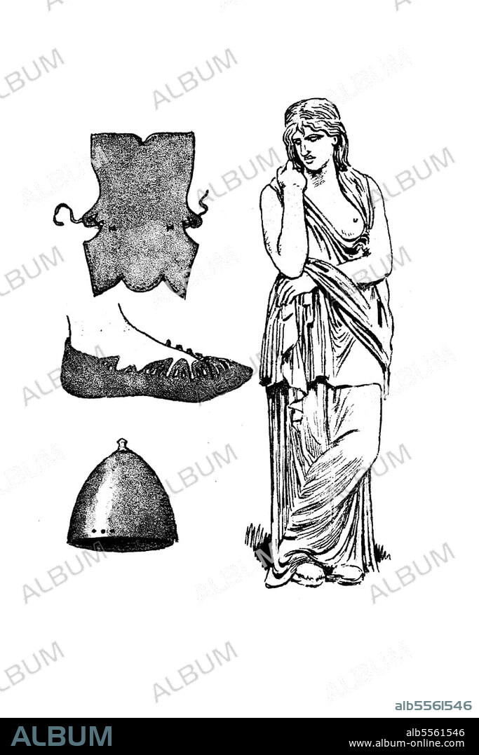 Clothing of the Germanic tribes in Roman and even older times, ca. 10 B.C. the Germanic woman or so-called Thusnelda in the ancient Roman-Greek costume, on the left a shoe made of a piece of fur, the so-called Bundschuh and a bronze helmet, digital reproduction of an original pattern from the 19th century, original date unknown.