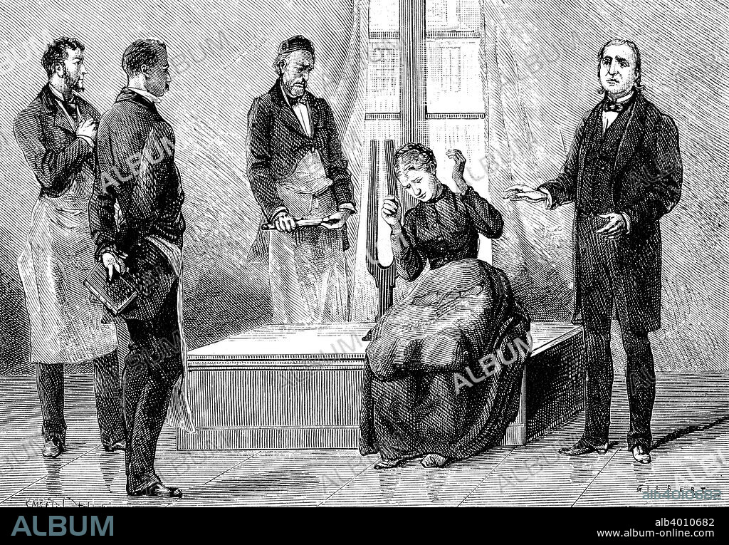 Jean Martin Charcot demonstrating hypnosis, 1879. Charcot (1825-1893) French neurologist and pathologist, right, demonstrating the production of hypnosis using the sound from a large tuning fork. Picture drawn from life at the Salpetriere Hospital, Paris. Freud, a pupil of Charcot, heard of posthypnotic suggestion from him. From La Nature. (Paris, 1879).