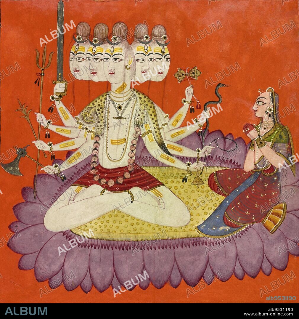 DEVIDASA (attributed). Wearing a snow-leopard skin draped over his shoulders, Sadashiva sits with the goddess on a mauve-petalled lotus floating against an orange-colored ground. Dominating the composition, his large, ash-white body captures the focus of the viewer's attention as well as that of the goddess, whose gaze is fervid and alert. The five-headed deity has eight arms that hold (clockwise from the top right) a drum, snake, noose, bell, axe, grain sheath, trident, and sword. Date: ca. 1690. Origin: Nurpur, Himachal Pradesh state, India. Opaque watercolor, gold, and applied beetle wing on paper.