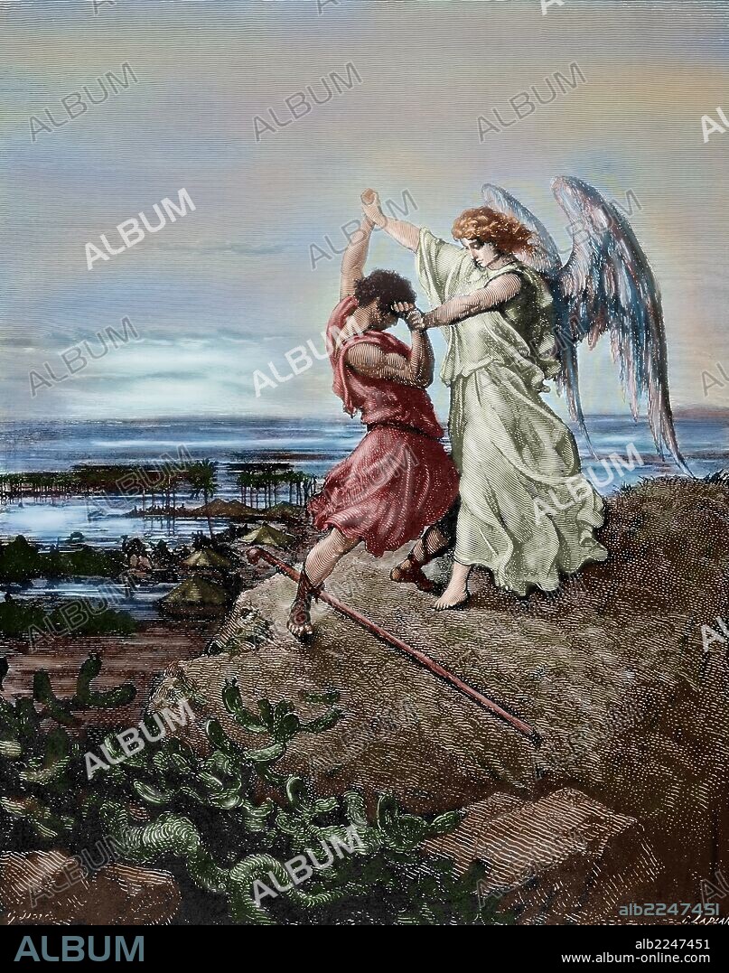 PAUL GUSTAVE DORÉ (après). Jacob wrestling with the Angel. Engraving by Laplante. The Bible in pictures by Gustave Dore. 19th century. Colored.