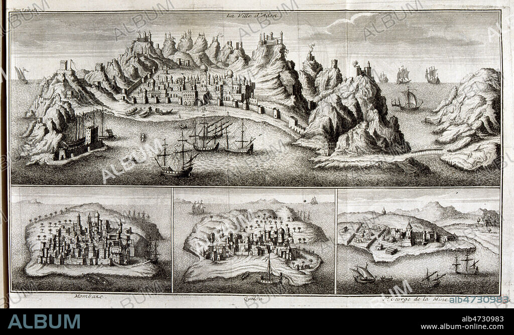Panoramas d'Aden (YEMEN) et des trois autres comptoirs portugais sur la route des Epices (et aussi de la traite des esclaves) : MOMBAZ (Mombassa, cote sud du KENYA) , QUILOA (ile de KILWA nord du Mozambique), St GEorges de la Mine (Guinee) . Frontispice de titre de l'ouvrage de LAFITAU (1681-1746) 'Histoire des decouvertes et conquetes des portugais', publie en 1733 (18e, 18eme, XVIIIe s.) Credit : JEAN VIGNE / KHARBINE-TAPABOR.
