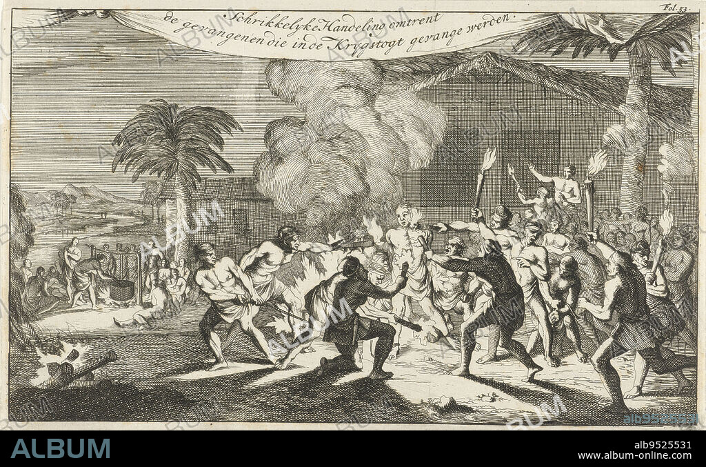 Indians torturing a prisoner with burning torches. Spectators in the background on the right, women around a cauldron over the fire on the left. Print marked top right: Indians torturing a prisoner with flaming torches Leapless act concerning the prisoners who were captured inde Krygstogt , print maker: Caspar Luyken, publisher: Jan Claesz ten Hoorn, Amsterdam, 1695, paper, etching, h 181 mm × w 294 mm.