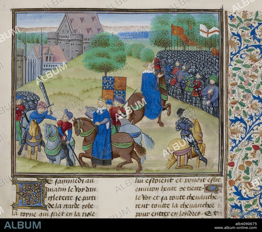 JEHAN FROISSART. The death of Wat Tyler in 1381. Wat Tyler (died 15 June 1381) was a leader of the 1381 Peasants' Revolt in England. He marched a group of protesters from Canterbury to the capital to oppose the institution of a poll tax. While the brief rebellion enjoyed early success, Tyler was killed by officers of King Richard II during negotiations at Smithfield in London. Figures in the miniature are: Sir William Walworth, Mayor of London (wielding sword); Wat Tyler; Richard II of England; and John Cavendish, esquire to Richard II (bearing lance). . Jean Froissart, Chroniques , vol. 2. (Froissart's Chronicles). S. Netherlands, circa 1460-1480. Source: Royal 18 E. I, f.175. Language: English.