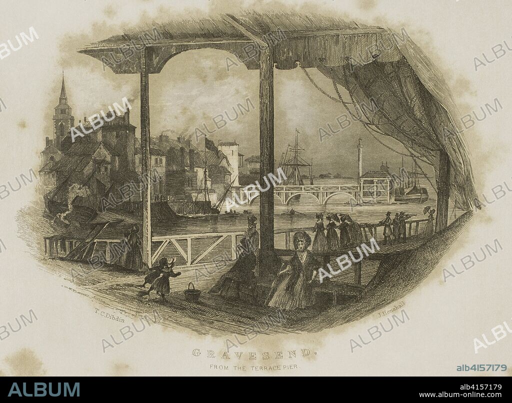 Reino Unido. Inglaterra. Condado de Kent. Gravesend. Ciudad asentada en la ribera sur del río Támesis, en el condado de Kent. Terraza en el muelle. Vista de la concurrida orilla del río Támesis a través de los pilares de madera del muelle. Grabado por Josiah Henshall (1801? -1869) a partir de un estudio original del pintor paisajista Thomas Colman Dibdin (1810-1893). "London and its Environs", h. 1840 (Londres y sus Alrededores). Biblioteca Histórico Militar de Barcelona, Cataluña, España.